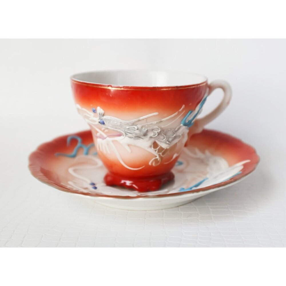 Vintage Moriage Dragon Ware Teapot Sugar Bowl Creamer 6 Demi Tasse Cups & Saucer - Picture 3 of 10